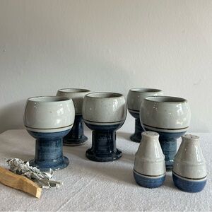 Vintage handmade Blue and Gray Ceramic Goblet Set